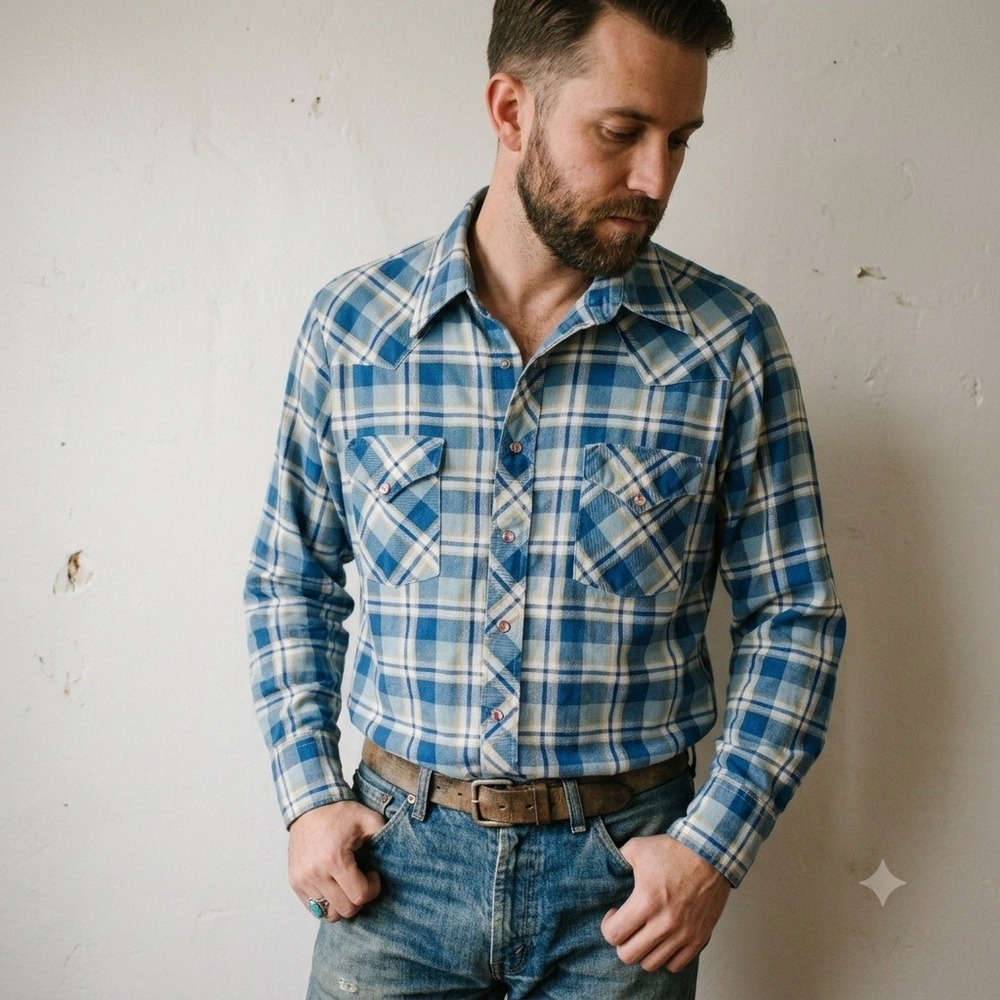 Vintage 70s Sears Mens Western Top Large Blue Plaid Pearl Snap Yoke Cowboy
